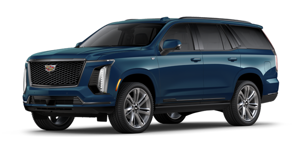 Three-quarters view of a blue Cadillac Escalade