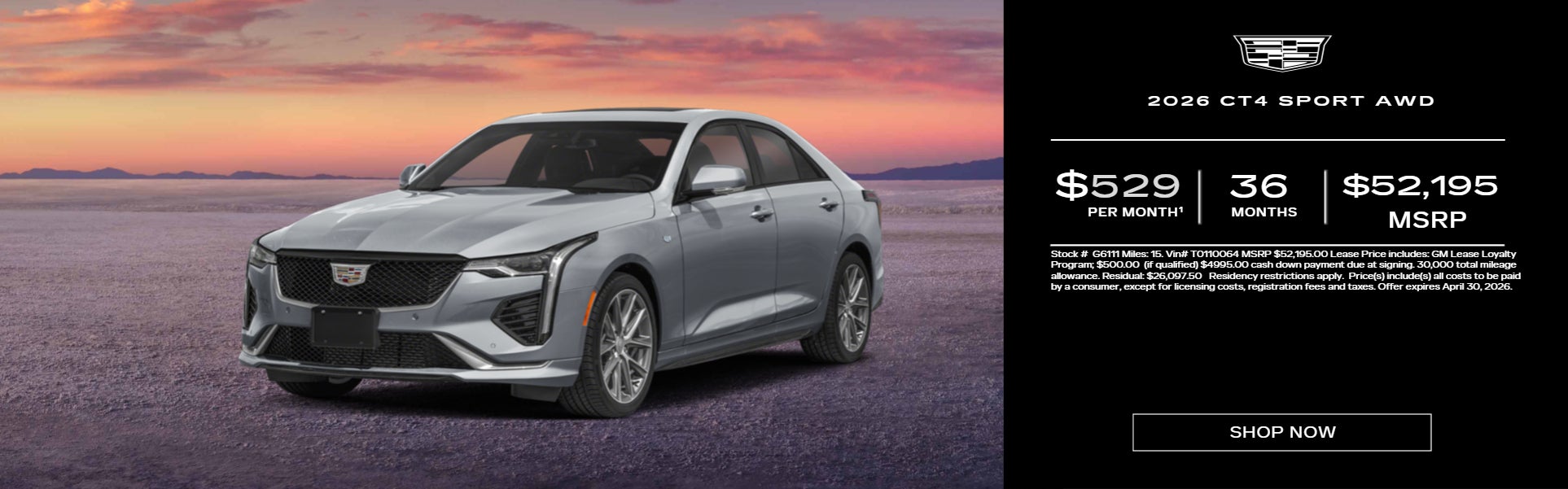 Silver 2026 CT4 SPORT AWD on sunset background 