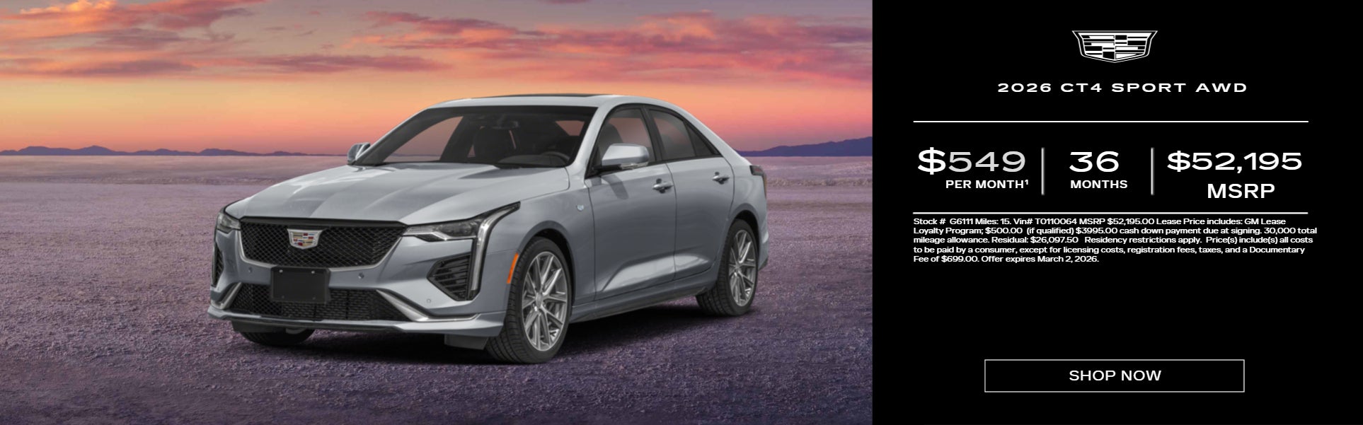 Silver 2026 CT4 SPORT AWD on sunset background 