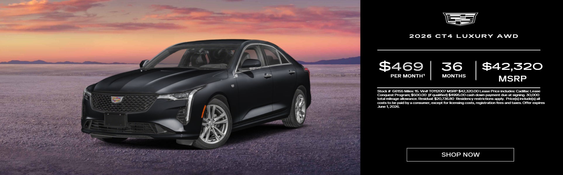 Silver 2026 CT4 SPORT AWD on sunset background 