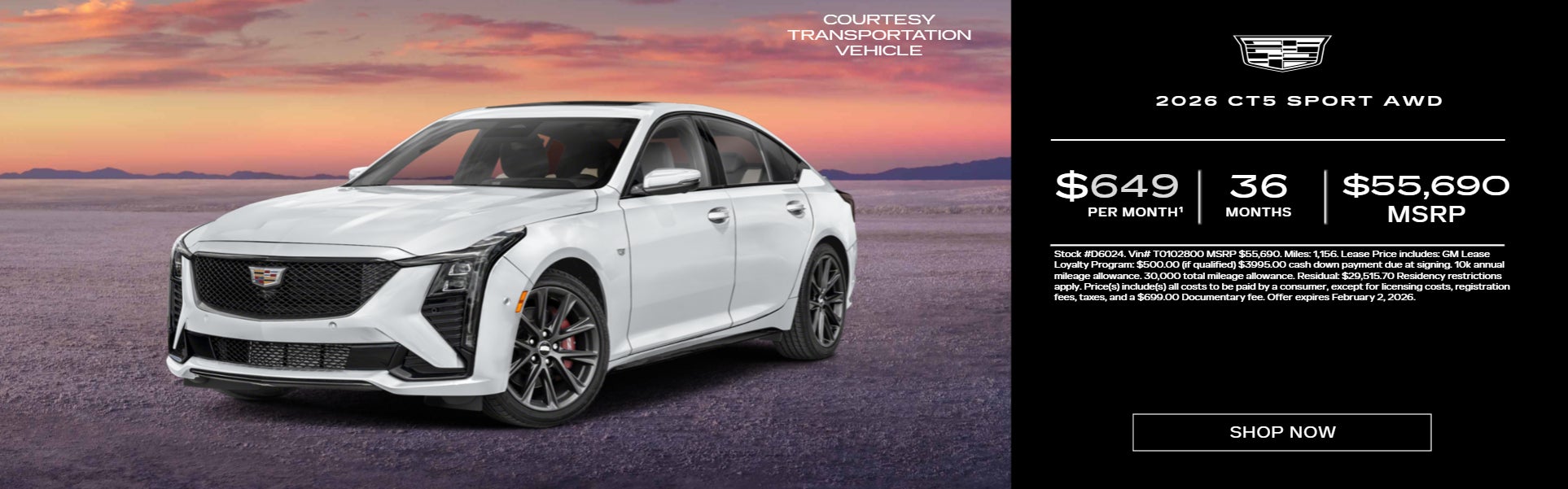 White 2026 CT5 on sunset background