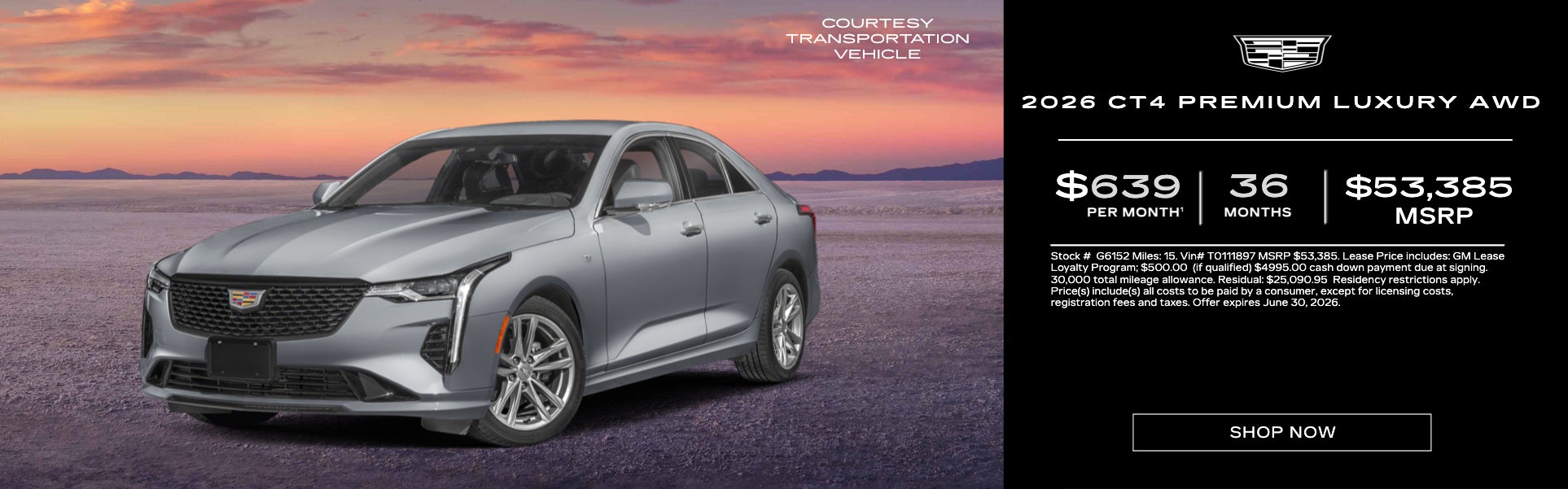 Silver 2026 CT4 SPORT AWD on sunset background 